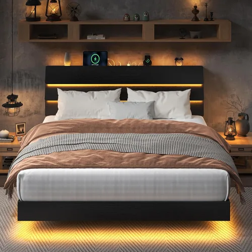 Miniatura 11 de Feonase Base de cama flotante tamaño Queen con luces LED y estación de carga, base de cama de madera tamaño Queen con cabecero de almacenamiento