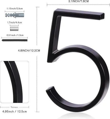 Miniatura 2 de Números de casa de 5 pulgadas para exterior, dirección de metal número 5, diseño moderno, acabado con recubrimiento en polvo negro resistente a