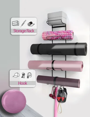 Miniatura 5 de MRZZATA Soporte de pared para esterilla de yoga de 5 niveles, estante de almacenamiento de metal para alfombrillas/ruedas, rodillo y bloque