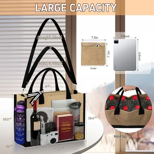 Miniatura 5 de Regalos personalizados Bolsa de mano con monograma para mujer, bolsa de playa grande con monograma P con bolsillos laterales e interiores