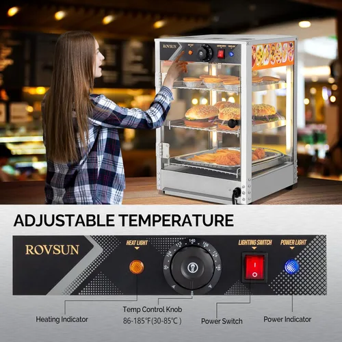 Miniatura 5 de ROVSUN Calentador de alimentos de 3 niveles, calentador de pizza para encimera, pantalla de calentador de alimentos comercial con iluminación LED