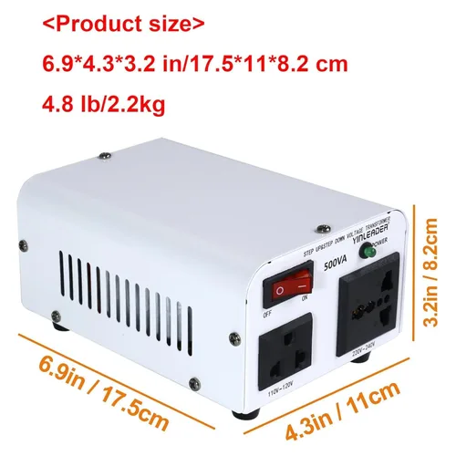 Miniatura 7 de Yinleader Blanco 500W 110V a 220V Convertidor de Voltaje Transformador Paso Arriba/Abajo 110-120V/220-240V con Cable de Energía de EE. UU