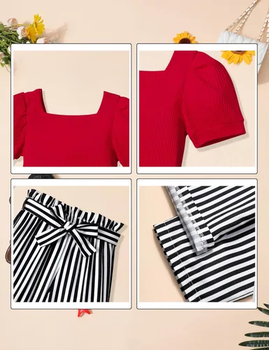 Miniatura 38 de DONWEN Conjunto de 3 piezas de ropa para niñas pequeñas y niñas con cuello cuadrado + pantalones elegantes + diadema para primavera y verano