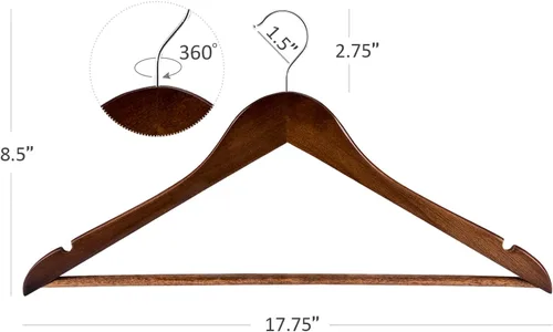 Miniatura 7 de HOUSE DAY Paquete de 10 perchas de madera resistentes para armario, colgador de madera con acabado liso con barra antideslizante para pantalones