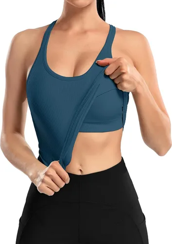 Miniatura 18 de ATTRACO Camiseta corta acanalada de entrenamiento para mujer con brasier integrado para yoga, espalda cruzada, ajuste ajustado