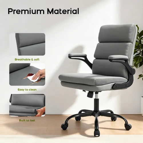 Miniatura 6 de Silla de oficina ajustable con respaldo medio ejecutivo, silla de escritorio cómoda de piel regenerada con soporte lumbar ergonómico, silla de Gris