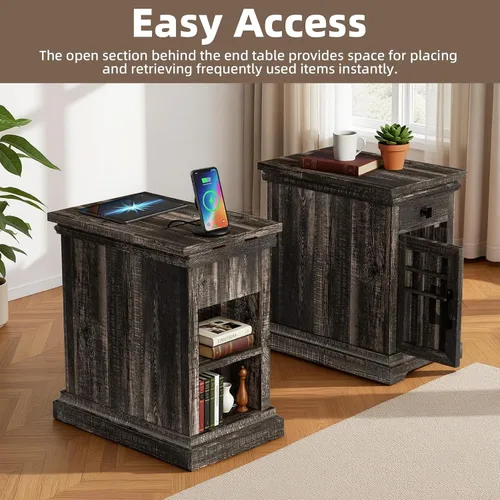 Miniatura 6 de Mesa auxiliar de granja con estación de carga, mesita de noche de madera rústica con puertos USB y tomas, cajón de almacenamiento y gabinete, mesa