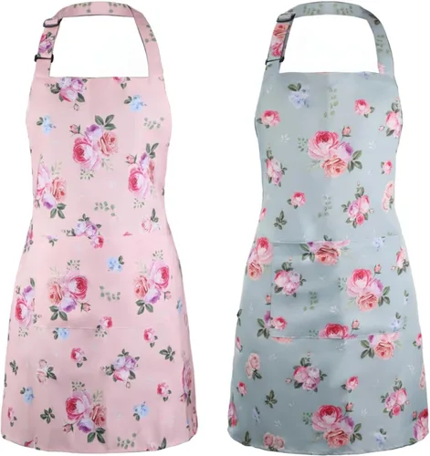 2 Pack Floral Apron, Adjustable Waterproof Aprons with 2 Pockets Cute Apron for Kitchen, Baking for Mom Wife Sister