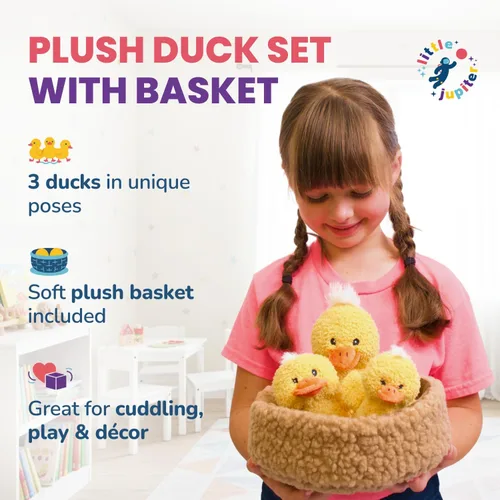 Miniatura 2 de Juego de juguetes de peluche de la familia de patos de tres piezas, con tres juguetes de peluche de pato amarillo con canasta, peluche suave de pato