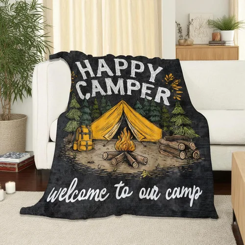Miniatura 2 de Manta de franela suave y acogedora con diseño de campista Happy Campfire y Forest Tent Impreso Fondo negro para amantes del aire libre, dormitorio