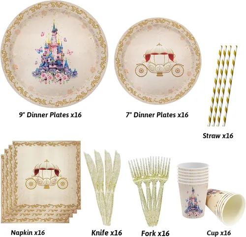 Miniatura 2 de AIBIIN 112 PCS Platos de Fiesta de Princesa, Decoraciones de Cumpleaños de Princesa, Juego de Vajilla de Fiesta de Princesa de Érase Una Vez