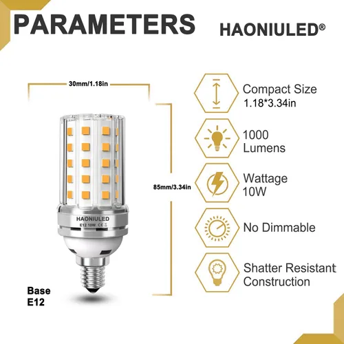 Miniatura 2 de Bombillas LED E12 10W Bombilla de maíz LED 100W equivalente 1000 lúmenes 3000K blanco cálido no regulable Bombillas LED para candelabro Paquete de 5