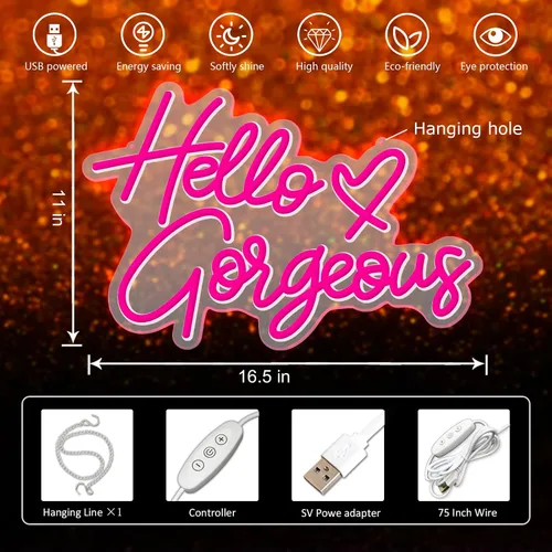 Miniatura 7 de Letrero de neón con texto en inglés "Hello Gorgeous Neon", luces LED de neón rosadas para el hogar, boda, cumpleaños, telón de fondo, fiesta