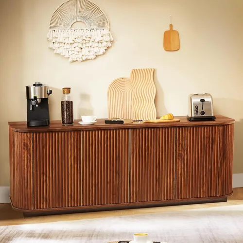 Miniatura 9 de Aparador de buffet de 64 pulgadas con almacenamiento, moderna credenza acanalada con estantes ajustables, mesa consola de barra de café de madera
