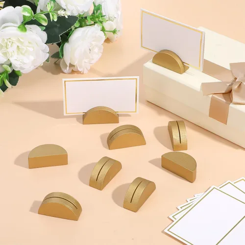 Miniatura 7 de 50 soportes dorados para números de mesa, tarjeteros de madera con 50 tarjetas, soportes de números de mesa semicirculares para restaurantes, bodas