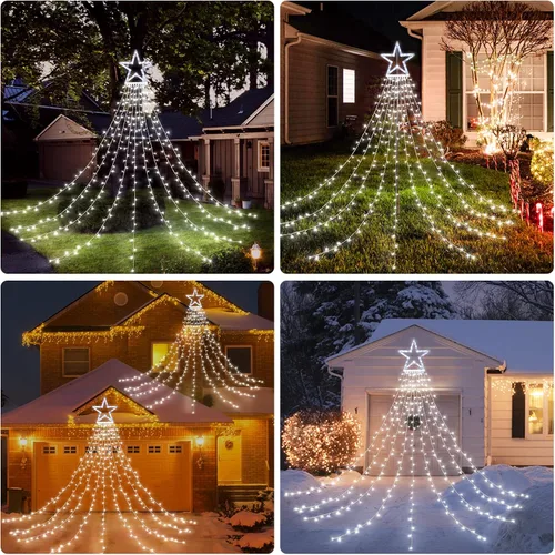 Miniatura 5 de BlcTec Luces de Navidad para exteriores, 317 luces LED de estrella de Navidad con 9 hebras de luces de árbol de cascada de 11.9 pies, 8 modos