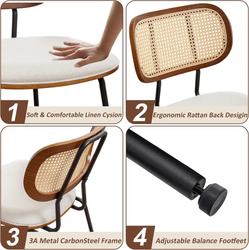 Miniatura 3 de AQG Juego de 2 sillas de comedor de ratán, sillas de comedor modernas de mediados de siglo, sillas con respaldo de caña, sillas de cocina y comedor