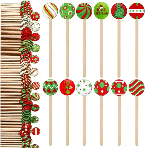 Miniatura 9 de Jinei 120 unidades de palillos de café de madera de Navidad, palillos de cóctel de madera para café, agitadores desechables para bebidas