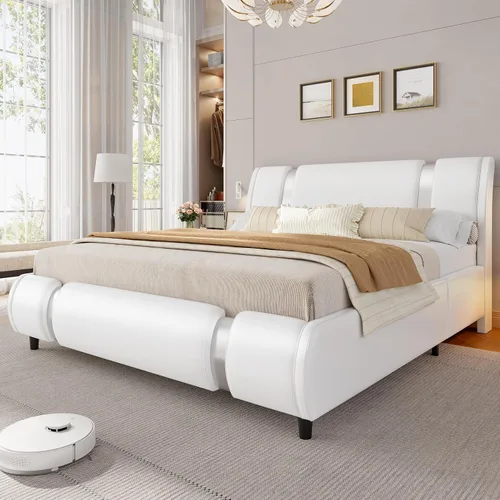 Miniatura 9 de Keyluv Base de cama moderna tapizada de piel sintética con cabecera decorativa de metal, soporte de listones de madera, no necesita somier