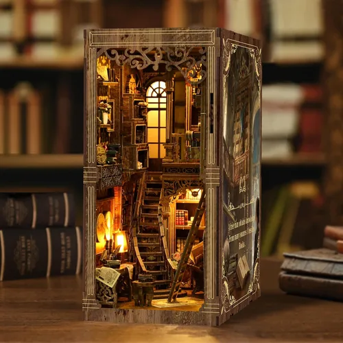 Miniatura 3 de Kit de rincón de libros de biblioteca antigua, rompecabezas 3D de madera con luz LED, modelo de estantería en miniatura, decoración cultural