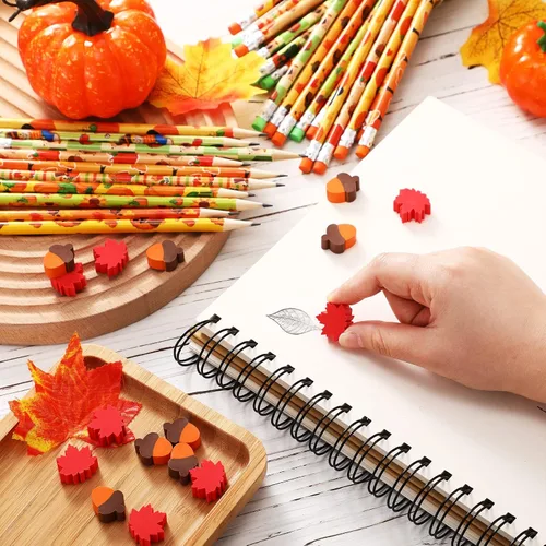 Miniatura 6 de Crtiin Juego de 30 lápices de Acción de Gracias de otoño, bonitos patrones de espantapájaros y pavo con mini borradores de bellota de hoja de arce