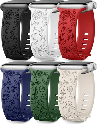 Miniatura 12 de SNBLK Paquete de 6 correas florales grabadas compatibles con Apple Watch de 40mm 41mm 42mm 38mm 44mm 45mm 46mm 49mm, mujeres y hombres, correa