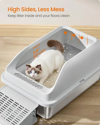 Miniatura 4 de Feandrea Caja de arena para gatos de acero inoxidable con parte superior abierta, bandeja de arena de alta cara con escalón, cuchara, cepillo