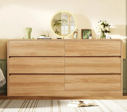 Miniatura 4 de TEENFON 55" Dresser for Bedroom with 6 Drawers, Dressers & Chests of Drawers with Curved Profile Design, 6 Drawer Dresser, Bedroom Dressers, Wood