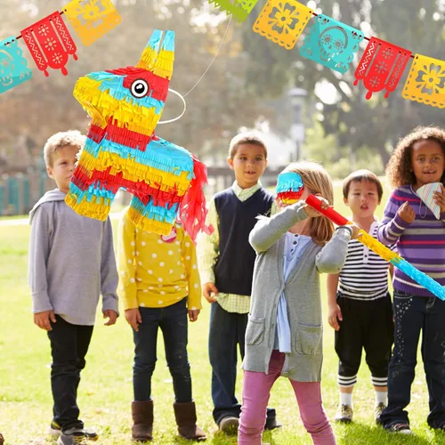 Miniatura 6 de Lenwen Donkey Piata - Paquete de 16 x 10 x 3 pulgadas con palo, venda y confeti para fiesta mexicana, cumpleaños de niños, decoración de fiesta