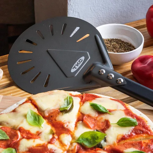 Miniatura 6 de TKC Cáscaras perforadas de pizza de 12 pulgadas y 8 pulgadas – Pelar profesional de aluminio para pizza – Espátula de pizza de metal de mango largo