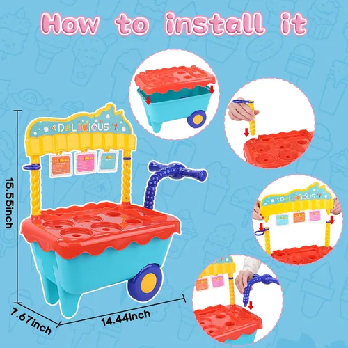 Miniatura 6 de Gifts2U Carrito de helado de juguete para niños, juego de 45 piezas de helado, tienda de juegos de simulación con carrito de almacenamiento