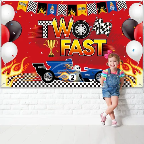 Miniatura 4 de Oudain Telón de fondo de cumpleaños con dos carteles de carreras de coches, decoración de fiesta temática de automóvil, fondo de fotos, suministros