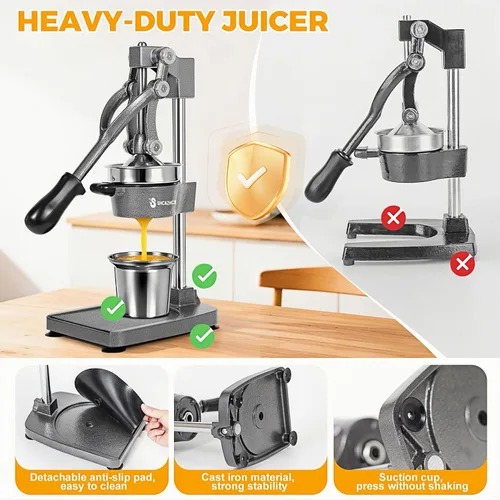 Miniatura 5 de Exprimidor de hierro fundido, prensa manual de cítricos, exprimidor de frutas de alta resistencia con piezas de acero inoxidable desmontables y base