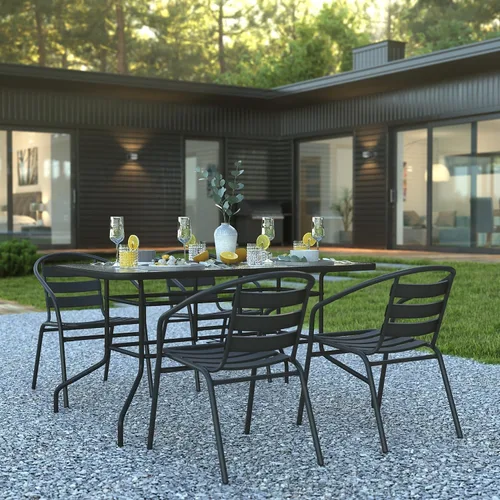 Miniatura 2 de Flash Furniture Lila - Juego de comedor de 5 piezas para patio, mesa de patio de vidrio templado de 55 pulgadas con agujero para paraguas, 4 sillas
