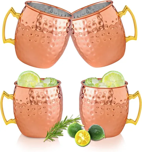 Miniatura 11 de UNISWEET Moscow Mule - Juego de 4 tazas de cobre con acabado martillado pulido, forro de acero inoxidable 304 con mango de cobre dorado, perfecto