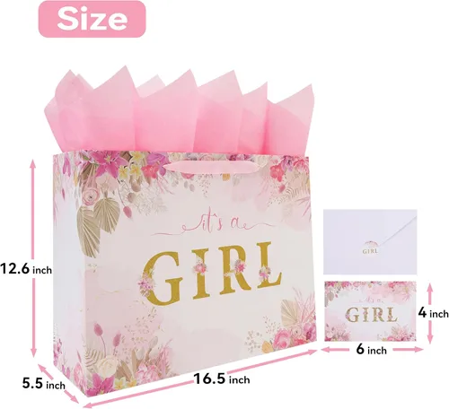 Miniatura 2 de Juego de bolsas de regalo extra grandes de 16.5 pulgadas con asas, tarjeta de felicitación, papel de seda rosa y calcomanías para niñas y niños