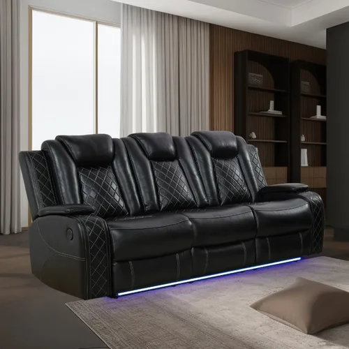 Miniatura 8 de Juego de sillón reclinable eléctrico con luces LED, juego reclinable de cuero sintético con puerto USB/cargador inalámbrico/consola de Borgoña