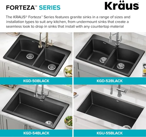 Miniatura 14 de Kraus Forteza - Fregadero de cocina de doble seno 50/50 de granito de instalación empotrada/sobre encimera, 33 pulgadas, color negro (KGD-52BLACK)