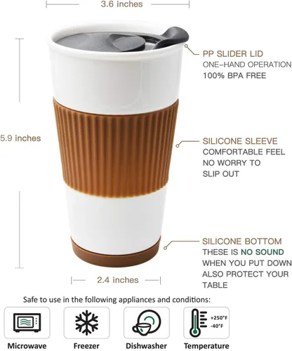 Miniatura 3 de Taza de café de viaje de cerámica de doble pared aislada con tapa deslizante, funda de silicona y portavasos incorporado, 10 fl.oz (Azul)