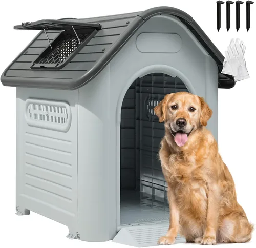 YITAHOME Casa para perros de plástico para exteriores, resistente al agua, con tragaluz ajustable y base elevada para perros pequeños, medianos y