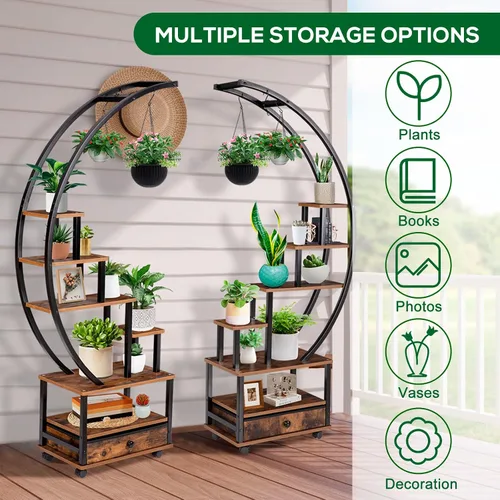 Miniatura 7 de 2 soportes para plantas de interior de media luna de 71 pulgadas de alto con ruedas bloqueables, estante para plantas de 14 niveles con cajón