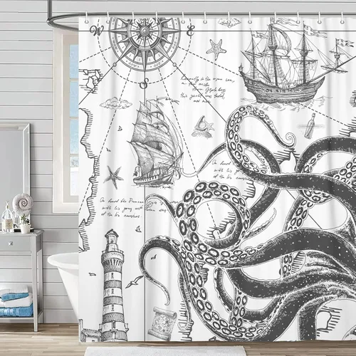 Miniatura 9 de Octopus Decor - Cortina de ducha para caravana, remolque, baño, divertido juego de cortinas de ducha pequeñas y estrechas de tela en blanco y negro