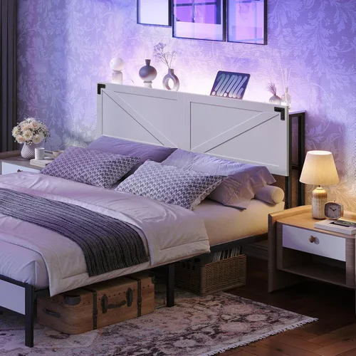 Miniatura 9 de MAHANCRIS Cabecera Solo Tamaño Queen, Cabecera con 2 Tomacorrientes y 4 Puertos USB, Cabecera Estilo Granja, con Luces LED, Almacenamiento Seguro