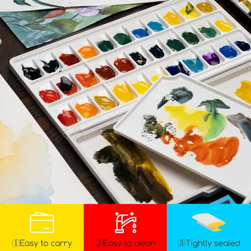 Miniatura 2 de MEEDEN Paleta de acuarela con tapa: paleta de pintura plegable hermética de 33 pozos con bandeja de mezcla grande, paleta de arte de pintura Negro