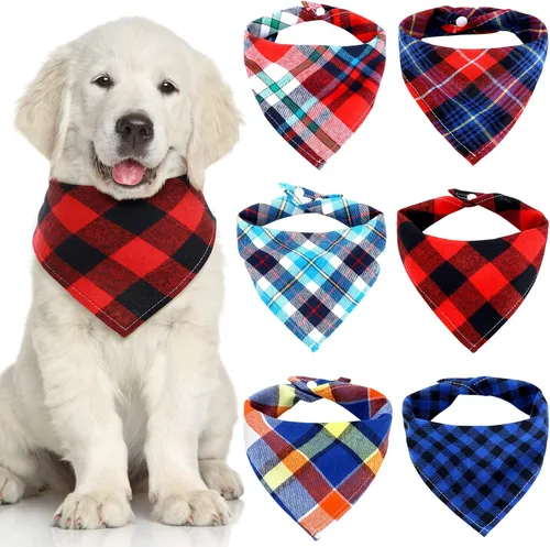 Miniatura 8 de Honoson 6 pañuelos triangulares para perro, bufanda para perro, bufanda con estampado a cuadros, baberos ajustables, lavables, juego de bandana