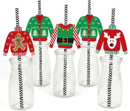 Big Dot of Happiness Juego de 24 pajitas decorativas de papel para suéter feo, para fiestas de Navidad y Navidad