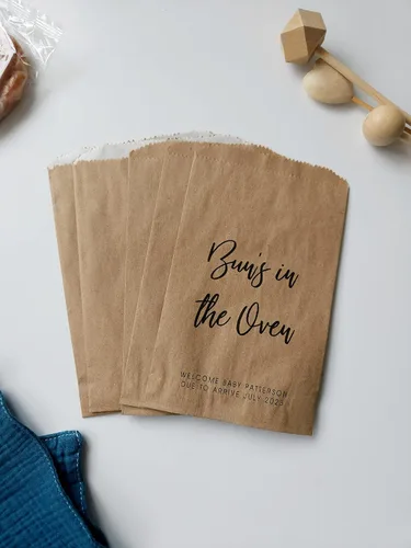 Gender Reveal Baby Shower Party Favor Bags - Announcement Bun in The Oven Kraft Paper Goodie Bags - Set of 25