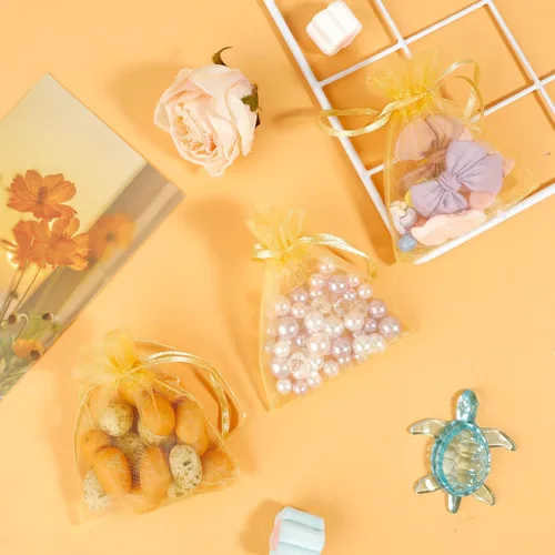 Miniatura 3 de Bolsas de organza doradas, 50 unidades, bolsas transparentes de 4 x 6 pulgadas para joyas y recuerdos de fiesta con cordón, bolsas de regalo de Oro