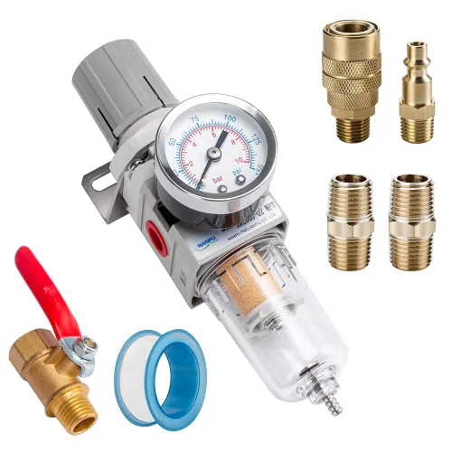 Miniatura 11 de NANPU Filtro Regulador de Aire Comprimido NPT de 3/8" Combo Piggyback, Drenaje Semi-Automático, Elemento de Latón de 5 Micrones, Tazón de Polímero