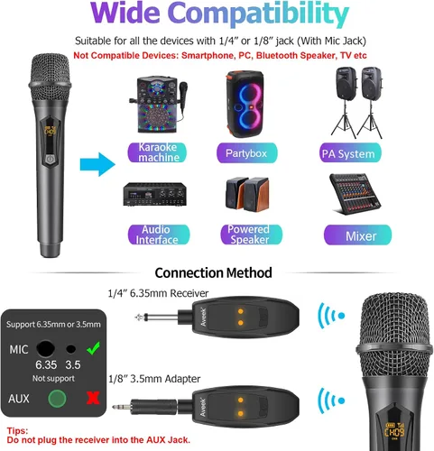 Miniatura 3 de Aveek Micrófono inalámbrico para karaoke, micrófono recargable de karaoke de 2.4GHz (funciona 10hs), para altavoz, máquina de karaoke, iglesia, gris